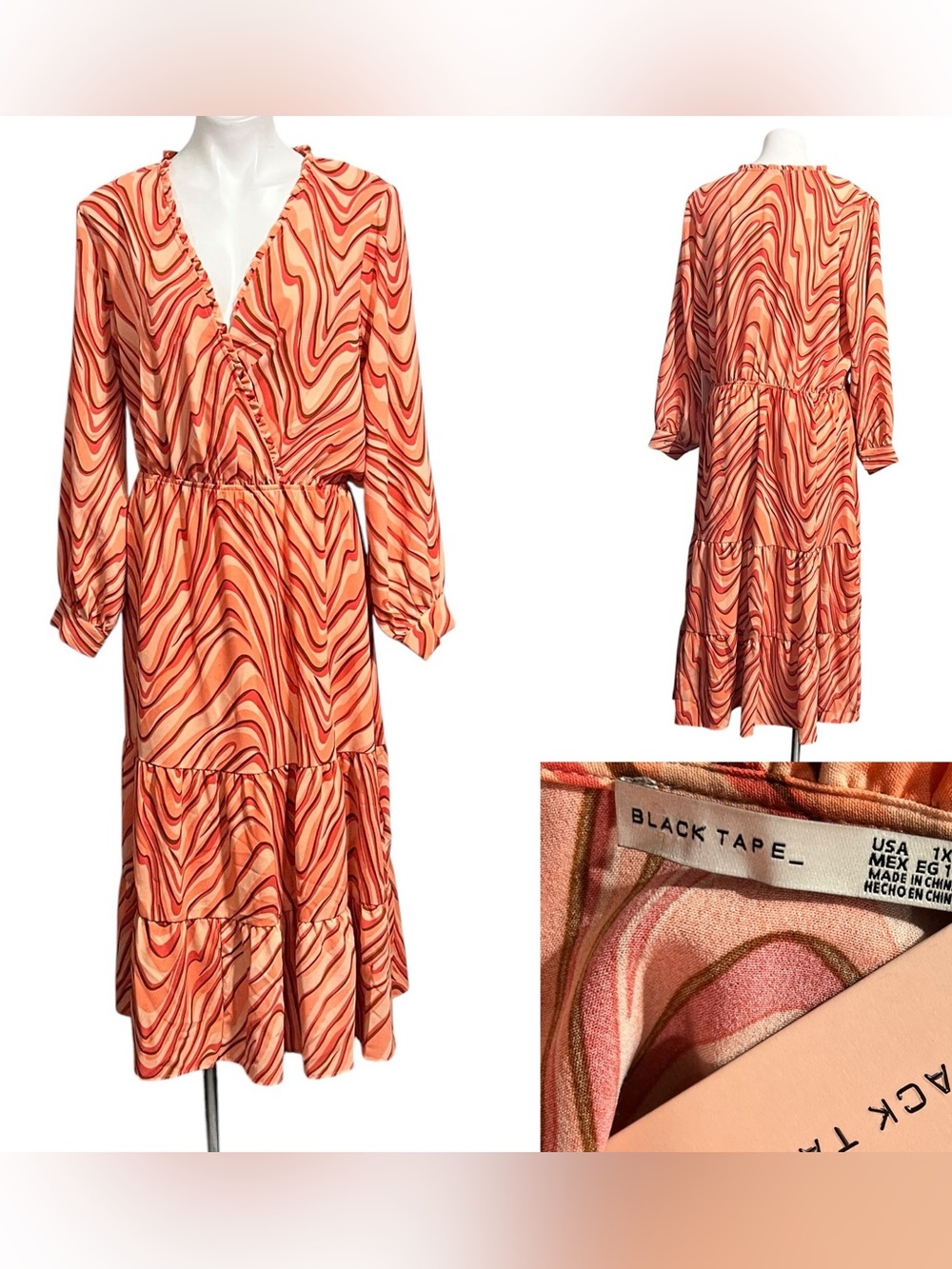 Black Tape dress 1X Peach/Orange multicolor Long Sleeve midi /maxi casual fall